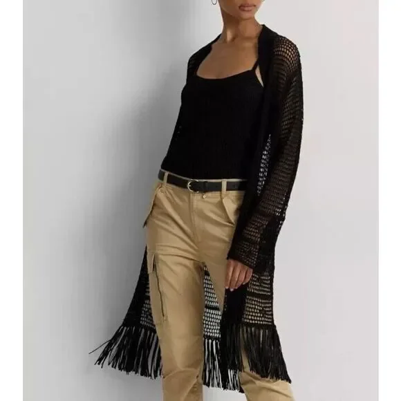 New RALPH LAUREN Women's Open Knit Linen Blend Cardigan  $245 Fringe Black Mediu - Picture 3 of 6